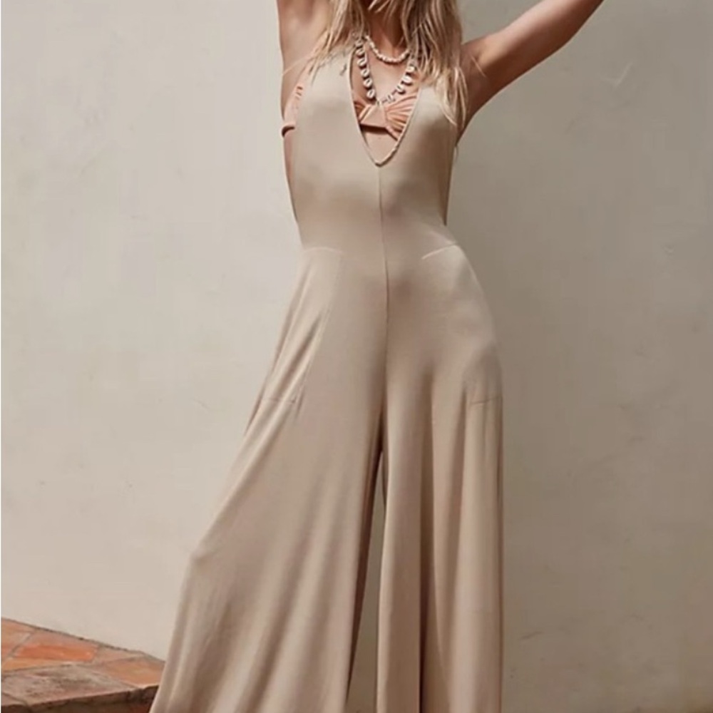 NWT Free People Beach Leigh Open Back halter one piece oatmeal Jumpsuit